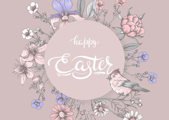 Happy easter. Banner with spring flowers and birds. Hand painted 