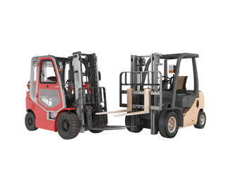 3d rendering of group of forklift trucks for warehouse on white background no shadow