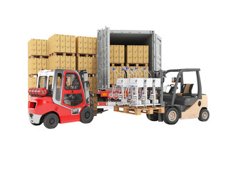 3d rendering group of forklift truck loading medical equipment into truck on white background  no shadow