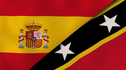 The flags of Spain and Saint Kitts and Nevis. News, reportage, business background. 3d illustration