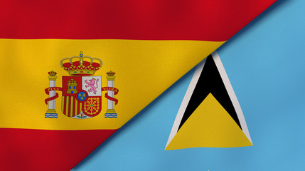 The flags of Spain and Saint Lucia. News, reportage, business background. 3d illustration