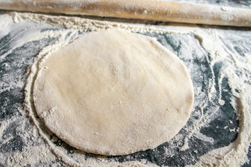 Dough for baking from flour and water for cooking. Rolled pancake