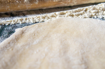 Dough for baking from flour and water for cooking. Rolled pancake