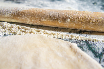 Dough for baking from flour and water for cooking. Rolled pancake