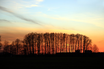 Kolorowy zachód słońca nad obszarem wiejskim, złote chmury. © Stanisław Błachowicz