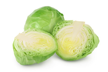 Green cabbage with half isolated on white background with clipping path and full depth of field.