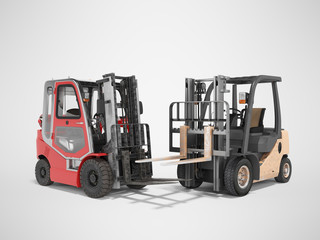 Fototapeta na wymiar 3d rendering of group of forklift trucks for warehouse on gray background with shadow