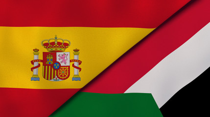 The flags of Spain and Sudan. News, reportage, business background. 3d illustration