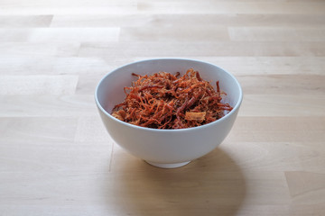 Dried shredded pork is a side and snack are popular in asia
