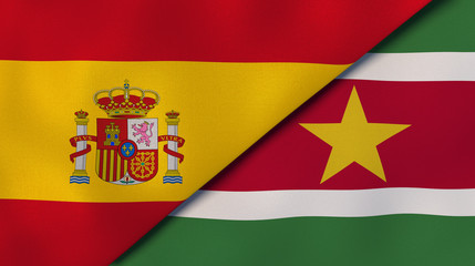 The flags of Spain and Suriname. News, reportage, business background. 3d illustration
