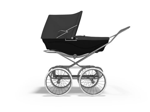 3D rendering black baby stroller with trunk in side view white background with shadow