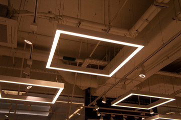 LED lamps and ceiling lighting in the mall. Moscow, Russia - April 14 2020