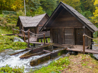 Watermill complex at Pliva near Jajce, on the travertine barrier between Great and Small Pliva lakes, built of oak.