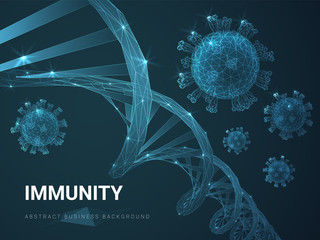 Abstract modern business background vector depicting immunity with virus cells around DNA double helix on blue background.
