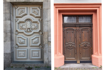 two old weathered wooden doors with wooden decorations in the historic part of Lisbon