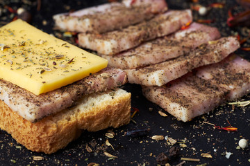Closeup slices of breast and a cheese sandwich with spices.