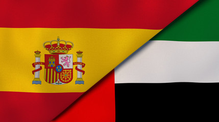 The flags of Spain and United Arab Emirates. News, reportage, business background. 3d illustration