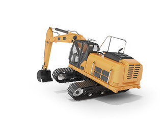 3D rendering turns crawler excavator with hydraulic bucket on white background with shadow