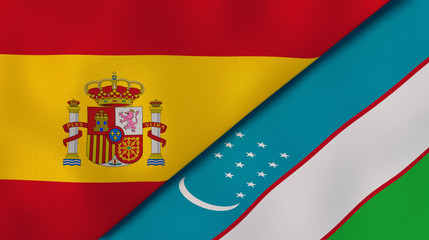 The flags of Spain and Uzbekistan. News, reportage, business background. 3d illustration