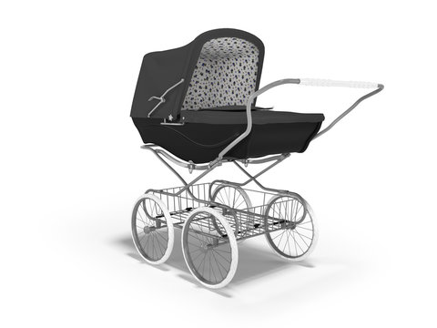 3D rendering black metal stroller with luggage carrier on white background with shadow