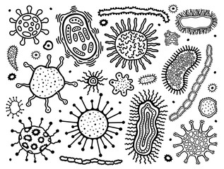 Coronovirus infection COVID-19,microbe hand drawn set. 20th century pandemic,transmitted by airborne droplets