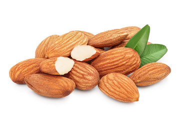 Almonds nuts with leaves isolated on white background with clipping path and full depth of field.