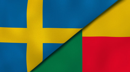 The flags of Sweden and Benin. News, reportage, business background. 3d illustration