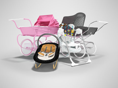 3d rendering concept set for sleeping baby, baby carriage pink and black hanging bed on gray background with shadow