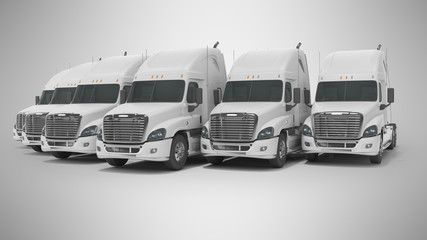 3d rendering of concept of group of white trucks for long distance trucking side view on gray background with shadow