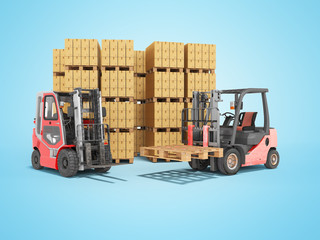 3d rendering of group of forklift truck loading boxes on pallets on blue background with shadow