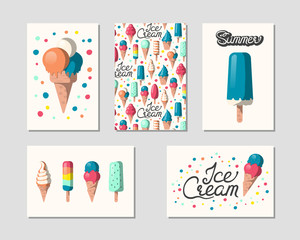 Ice cream summer greeting cards. Colorful summer party banners. Dessert borders. Patterns with lettering.