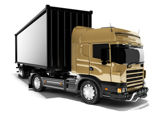 3D rendering brown road freight dumper with black semi trailer front view on white background with shadow