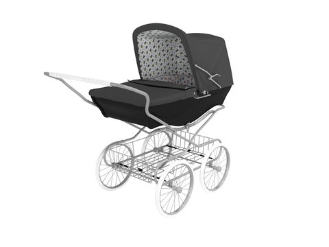 3D rendering black pram with luggage carrier on white background no shadow