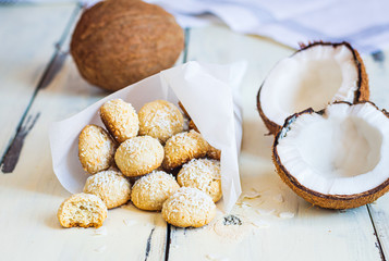 Coconut cookie, decorated with coconut flakes 