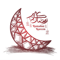 Illustration of hand drawn sketch of beautiful moon, lantern and calligraphy of Ramadan Kareem with red shine light.