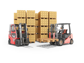 3d rendering of group of forklift truck loading boxes on pallets on white background with shadow