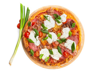 Pizza with salami, bacon, sour cream, tomatoes and spring onions isolated on white