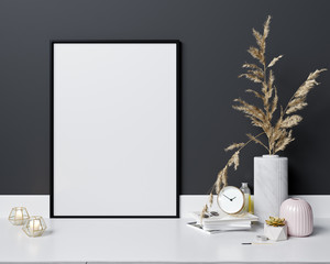 mock up poster frame in modern interior background, Scandinavian style, 3D rendering