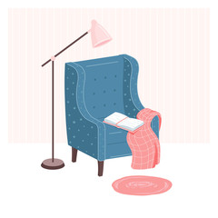 Home library. Open book, blanket on armchair and lamp in living room. Home reading concept