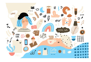 Set of coffee, tea and sweets elements and abstract hand-drawn elements. Girl in a beret and a vest. Elements are isolated