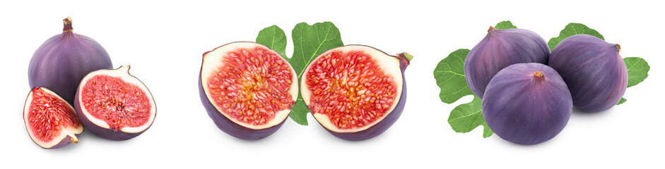 Fresh fig fruit with leaves isolated on white background. Set or collection