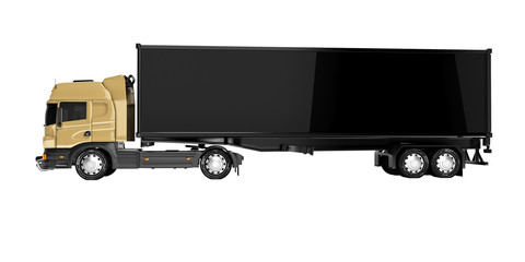 3D rendering brown road freight dump truck with black semi trailer side view isolated on white background no shadow