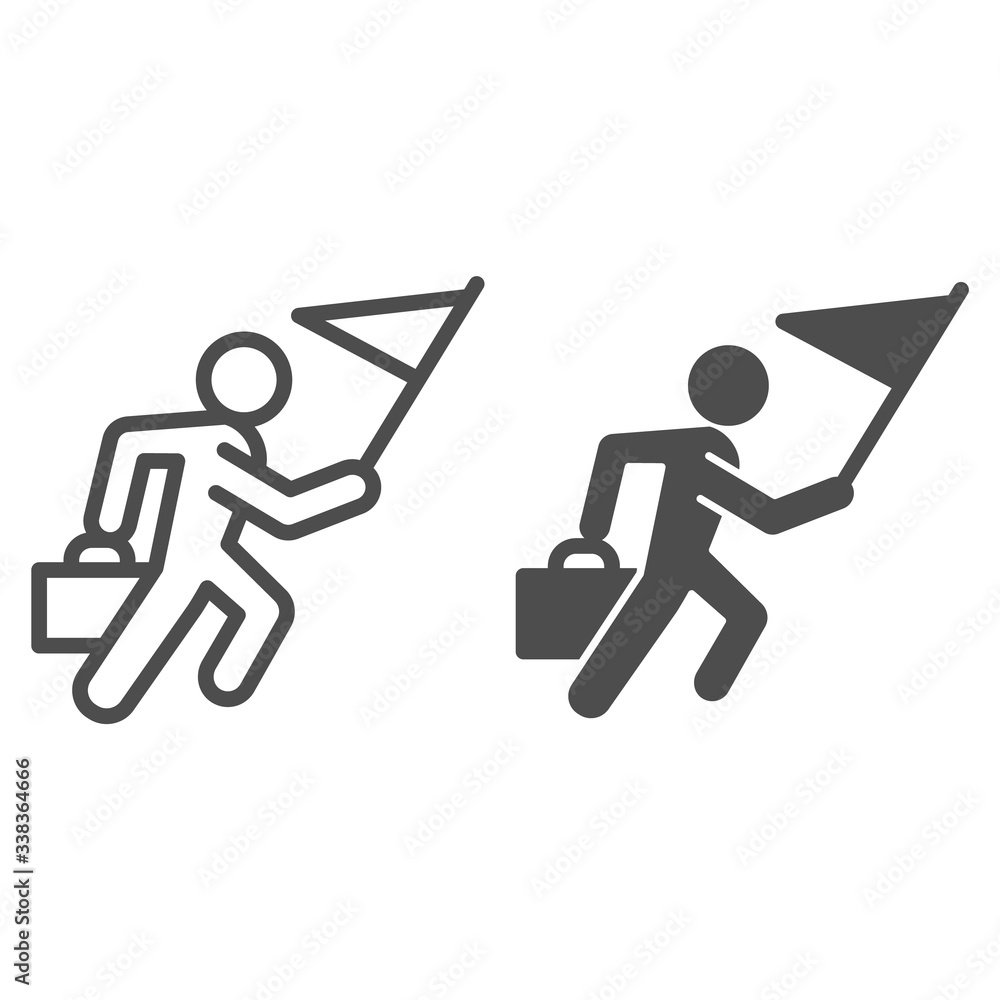 Poster career races line and solid icon. running man with flag and briefcase outline style pictogram on whi