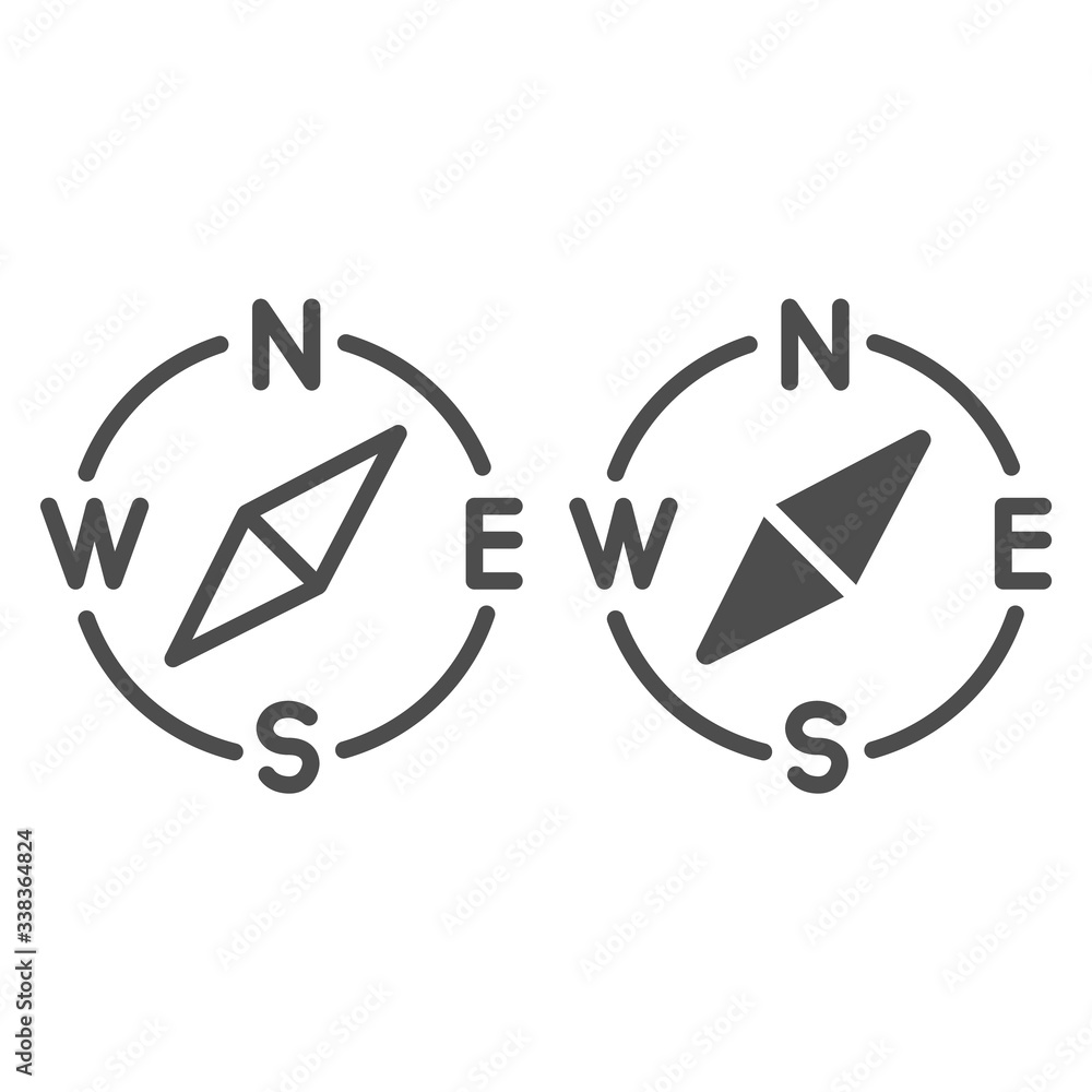 Poster compass with arrow directions line and solid icon. navigator equipment outline style pictogram on wh
