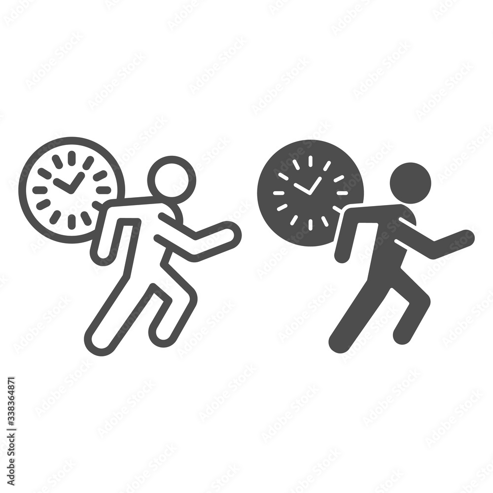 Poster late for work or meeting line and solid icon. clock and silhouette of running man outline style pict