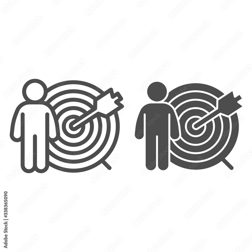 Poster target audience line and solid icon. person and arrow in center of darts board outline style pictogr
