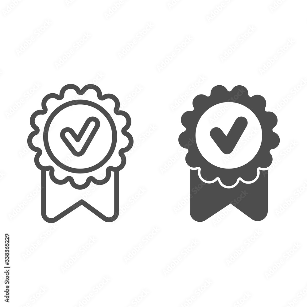 Poster award ribbon with marker line and solid icon. special round reward with check mark outline style pic