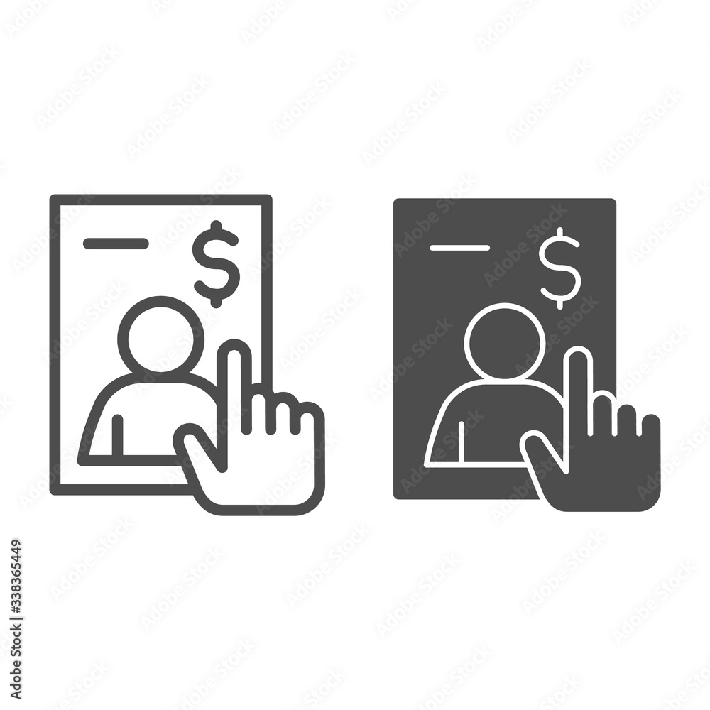 Poster application form with photo line and solid icon. candidate questionnaire and hand pointed outline st