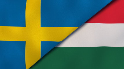 The flags of Sweden and Hungary. News, reportage, business background. 3d illustration