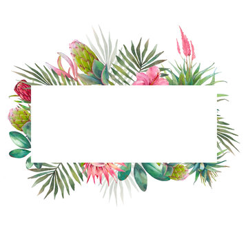 Watercolor jungle floral frame. Ready to use card design with exotic leaves and branches. Botanical label